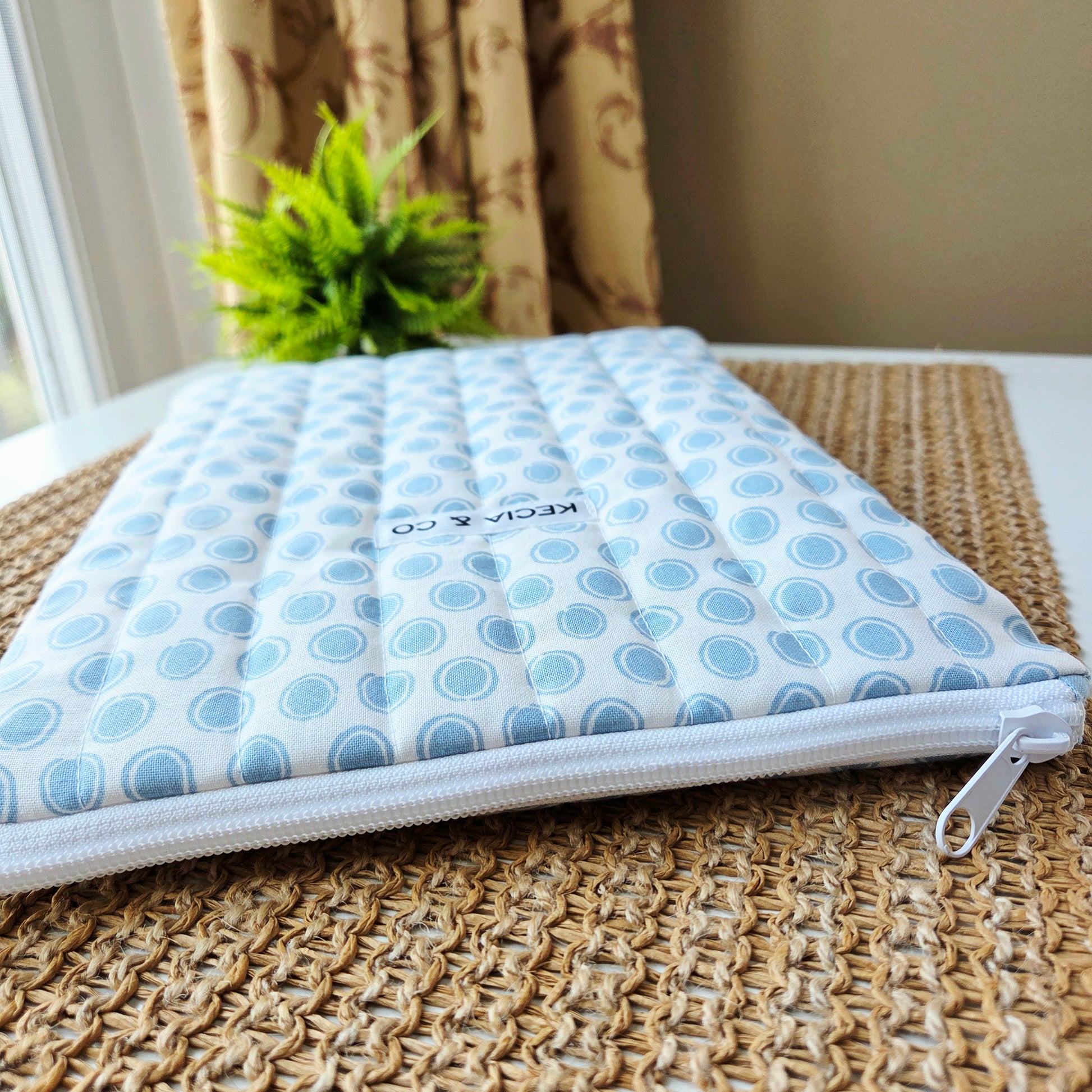 Soft blue pebble print quilted iPad case with zipper closure, handmade by Kecia & Co.