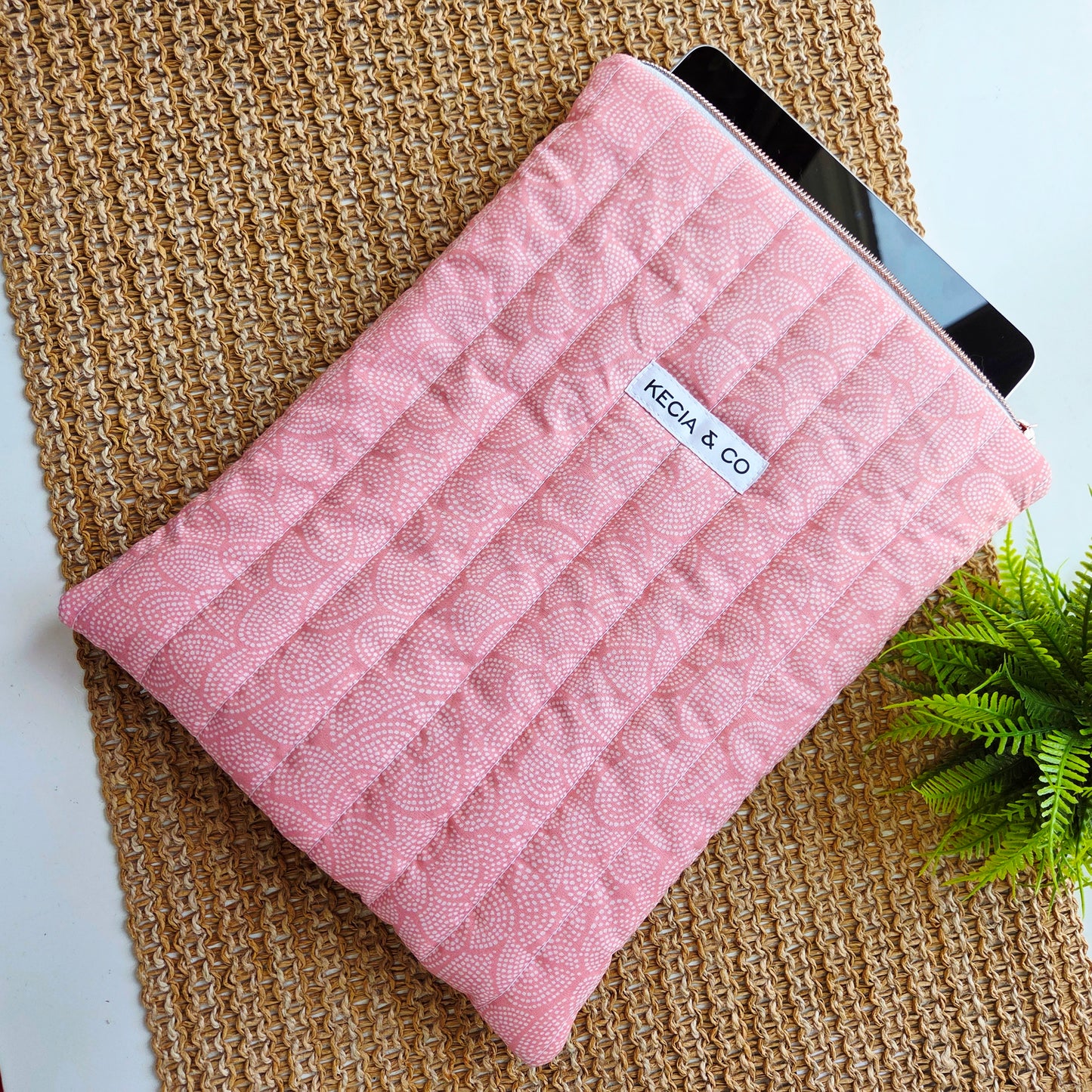 Front view of Blush Garden quilted iPad sleeve by Kecia & Co