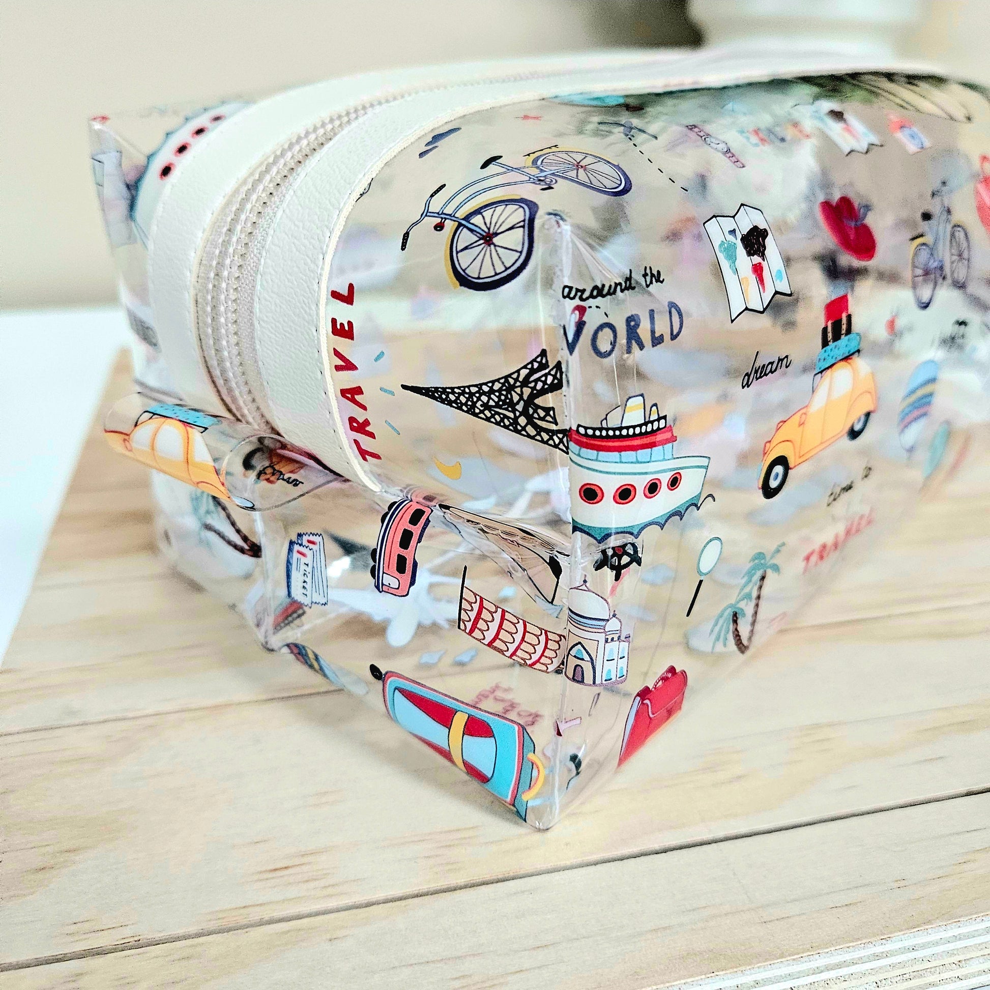 clear travel cosmetic pouch side view – colorful jelly boxy bag