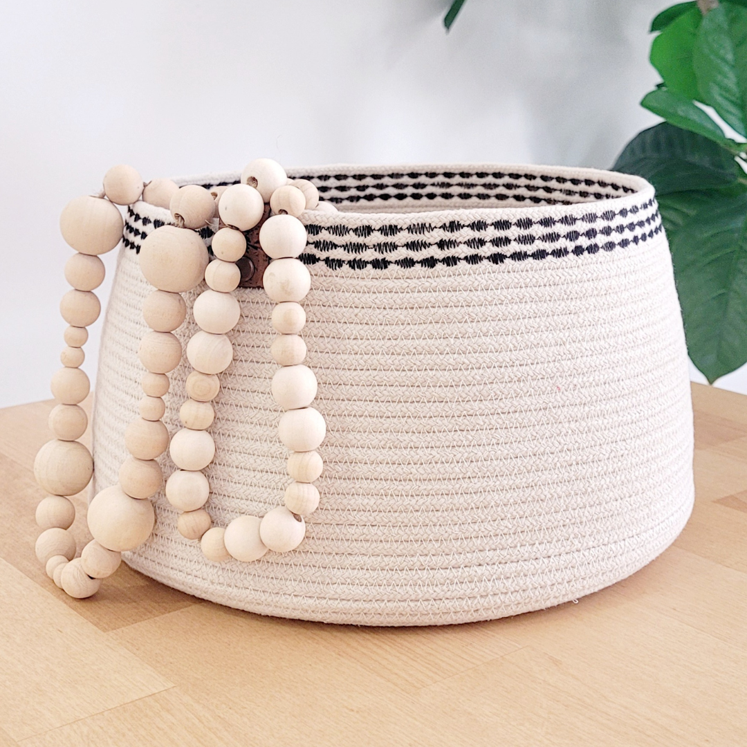 Handmade cotton rope basket with design, perfect for organizing or home decor