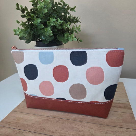 Dot & Drift zipper pouch – handmade cotton pouch with large colourful dots in rust, navy, blush, and blue