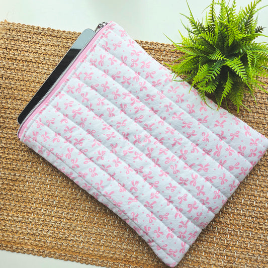 Pink bow print tablet case with quilted design