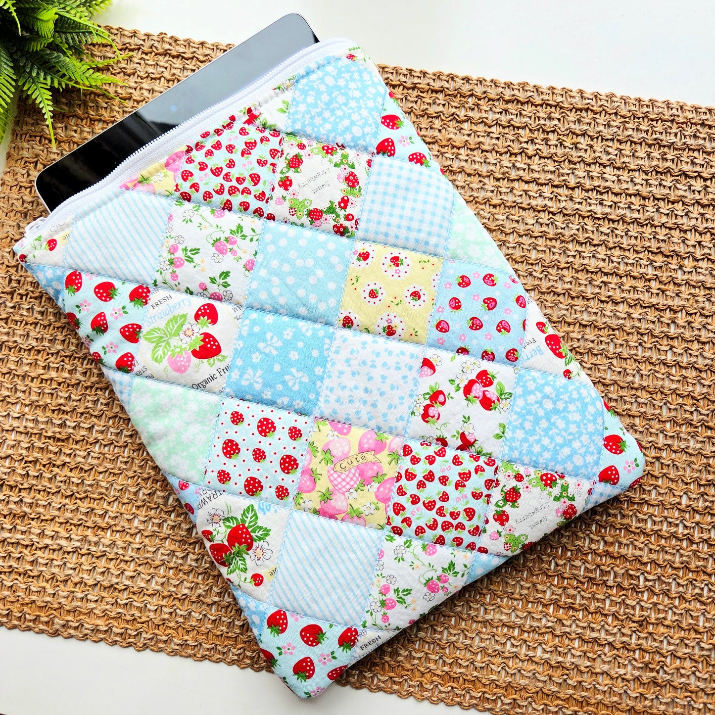 Cottagecore strawberry print iPad sleeve with quilted padding