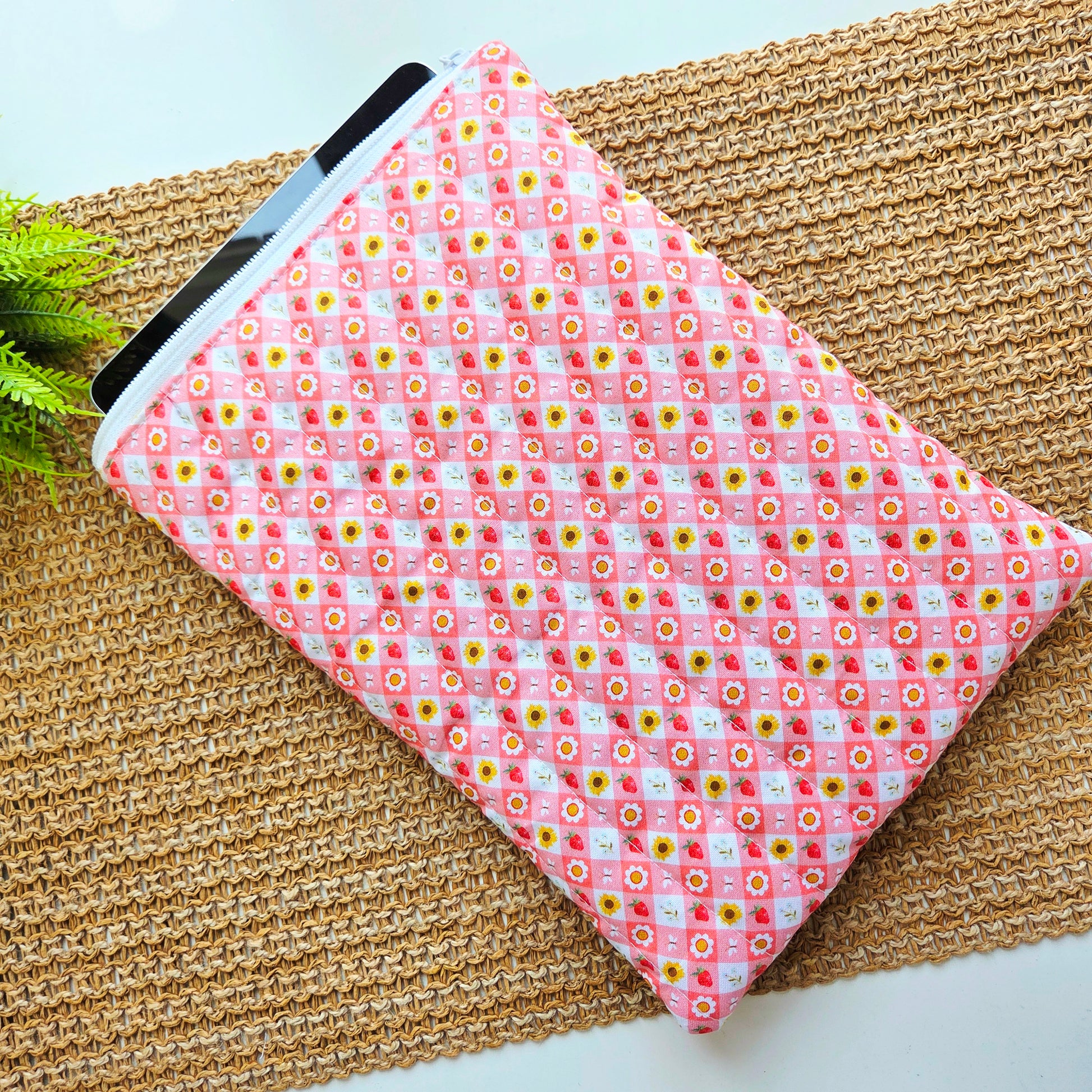 Handmade quilted iPad sleeve with pink strawberry print by Kecia & Co.