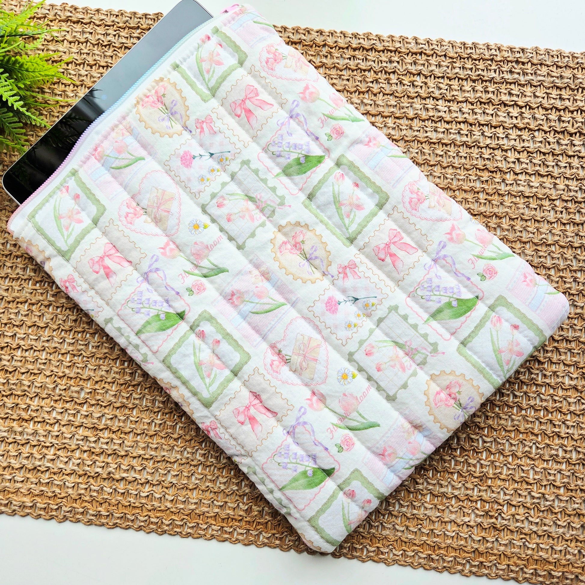 Handmade quilted iPad sleeve in vintage cottage floral fabric